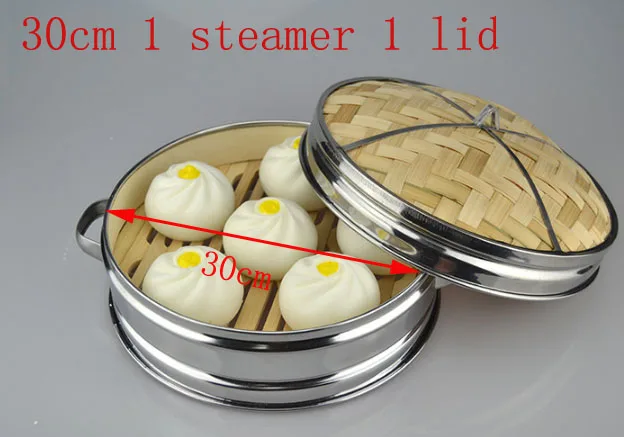 30cm 1 steamer 1 lid От 14 до 30 см кухонная посуда из нержавеющей стали, Бамбуковая Пароварка с крышкой, китайская кухонная посуда для приготовления рыбы, паста, овощи Dim - Цвет: 30cm 1 steamer 1 lid