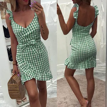 

2020 Summer Beach Dress Women's Plaid Ruffle Off Shoulder Pencil Short Midi Dress Sexy Party Dress Robe Femme