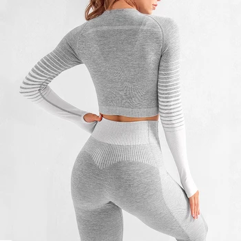

Seamless Long Sleeve Fitness Set Women High Stretch Sports Tops Workout Leggings Gym Running Sportswear Outfit Casual Suit