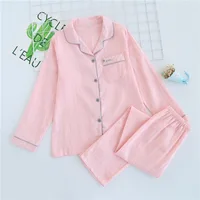 Spring Autumn Pure Cotton Pajamas Suit Ladies пижама Solid Color Simple Sweet Loose Korean Style Homewear Women Night Clothes