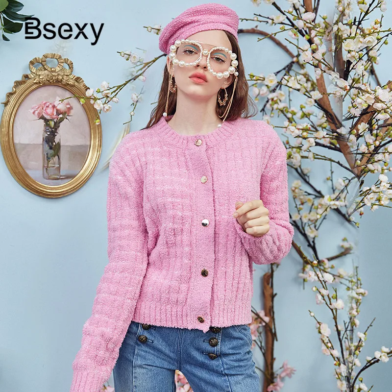 Cute Wool Cardigan Women 2019 Single Buttons Striped Pink Women's Sweater Runway Knitted Tops Outerwear Streetwear |