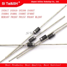 100 шт./лот выпрямительный диод Шоттки 1N5817 1N5819 1N5399 1N4937 1N4004 1N4001 1N4007 UF4007 HER107 FR207 FR157 FR107 RL207 DO-41