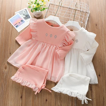 

2pcs Baby Girls Dress Autumn Spring Breathable Newborn Mesh Ruffle Splicing Long Sleeve Round Neck Dresses Cap Set 3-18M