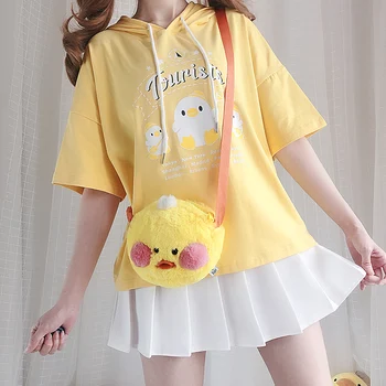 

Soft Girl Cute Duck Pattern Hooded T-shirt Summer Japanese Small Fresh Lolita Lovely Casual Loose Short Sleeve Tee Tops Student