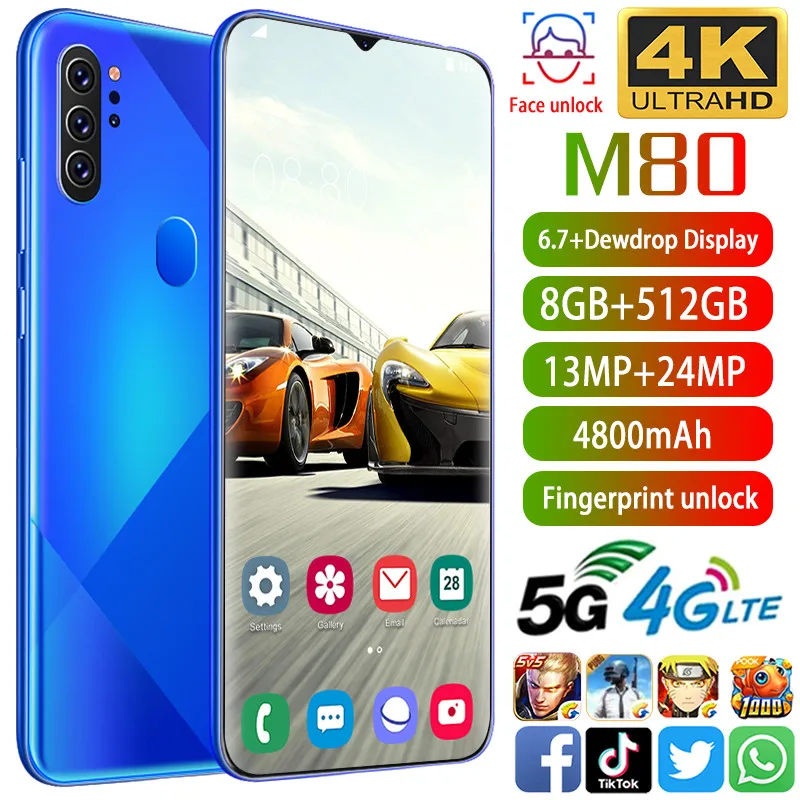 Mobile phone M80 Phone MTK6799 Cell phones 6.7inchHD+1440*3040 Cellphone 8GB+512GB Camera 13MP+24MP Unlocked smartphone