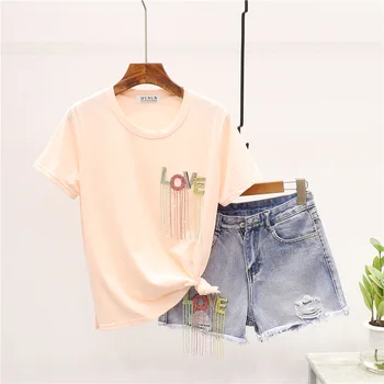 

Summer Women 2pc Beading Tassel T shirt Holes Denim Shorts Set Loose Cotton Short sleeve Tee shirt Short Jeans Pants Sets Female