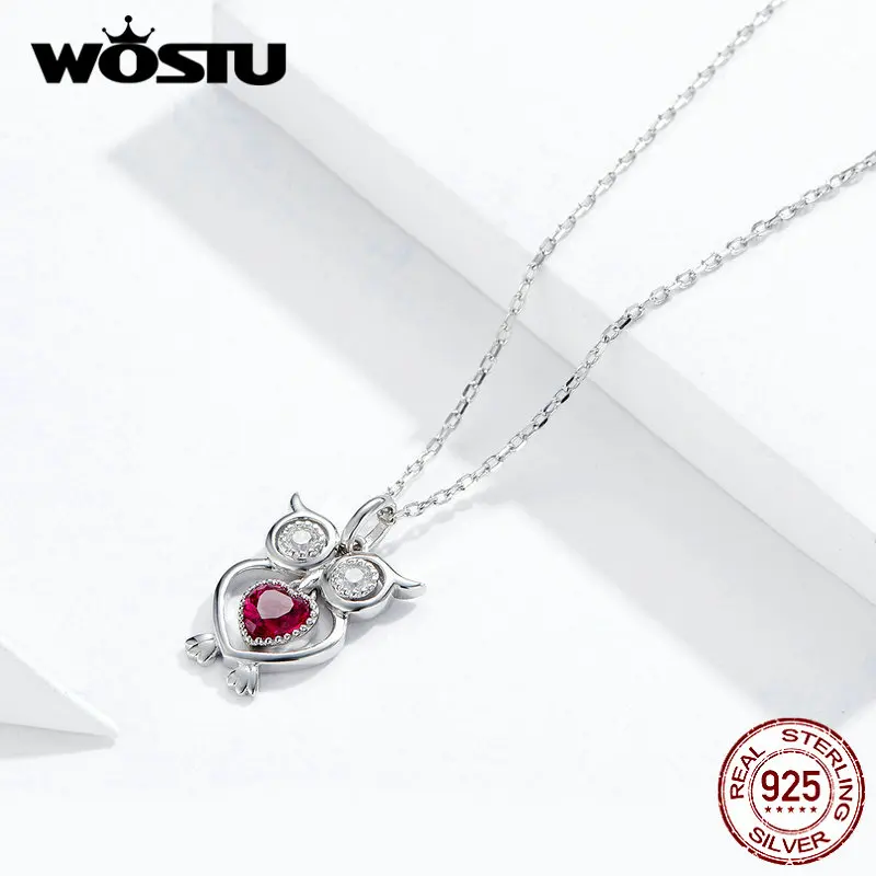 WOSTU настоящая 925 пробы Серебряная Сова с красным сердцем серьги и ожерелье Ювелирные наборы для женщин подарок на свадьбу