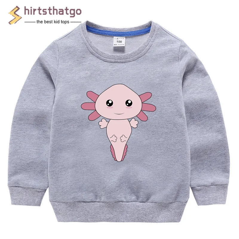 Забавные толстовки Axolotl Friend для мальчиков и девочек, детская осенне-зимняя одежда для малышей, детский пуловер, топы черного цвета, подарок в пятницу - Цвет: T127B-c grey