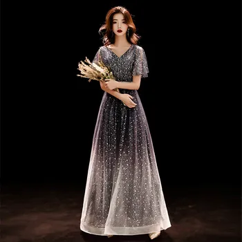 

Skyyue Long Dresses Evening K350 Black Gradient V-Neck Sequined Short Sleeve Robe De Soiree Plus Size Elegant Woman Party Gown