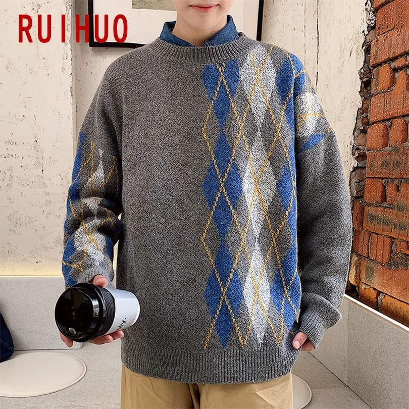 RUIHUO Argyle, зимний мужской свитер, Рождественский свитер, мужское зимнее пальто, пуловер и свитеры для мужчин, осень, Корейская одежда XXL