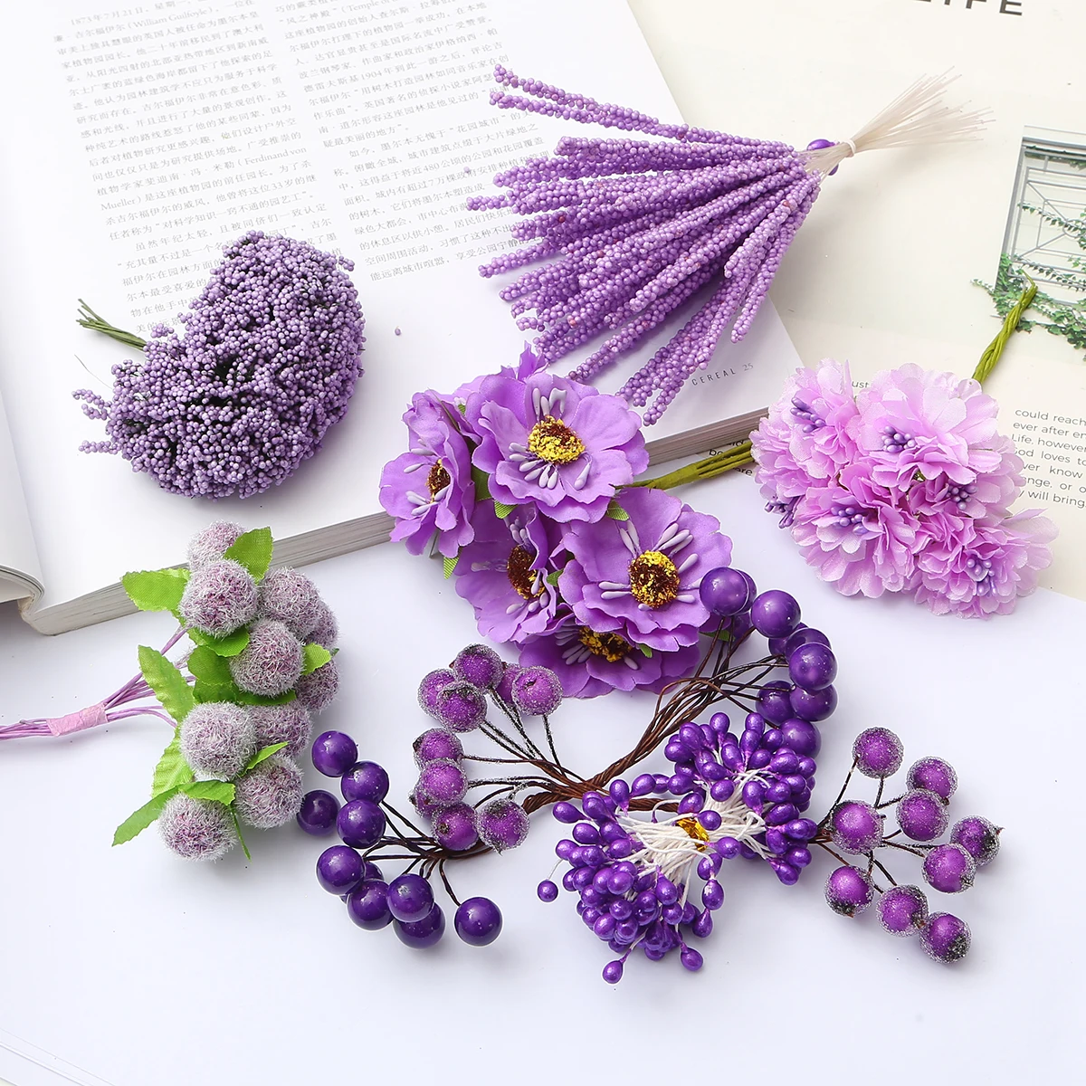 Purple Flower Cherry Stamen Berries Bundle for DIY Decor and Crafting