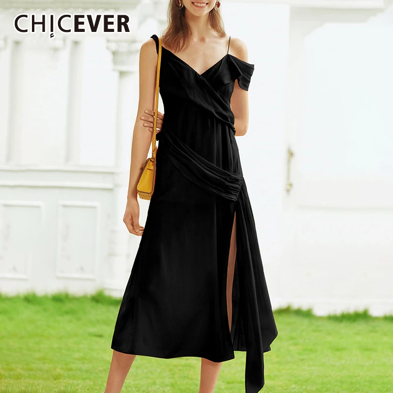 

CHICEVER Asymmetric Patchwork Dress Women V Neck Sleeveless Off Shoulder High Waist Side Split Dresses Female 2019 Fashion New