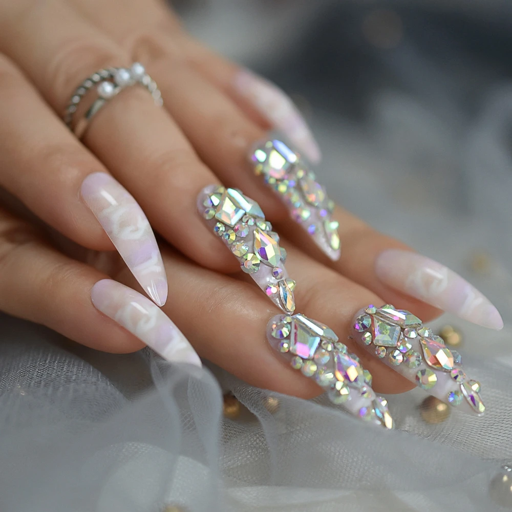 Gorgeous Luxury Press On Nails Extra Long Light Marble Colorful Crystal Faux Ongles with Large Rhistones AB Perfect Party