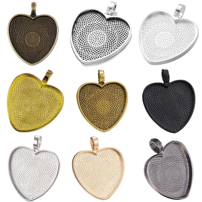 

10pcs/set Heart Cabochon Settings Silver Plated Pendants Bezel Trays Base Fit 25mm Glass DIY Necklace Making Supplies