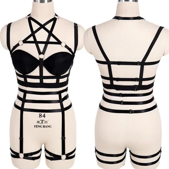 

Harness Bra Set Belt Pentagram Body Caged Tops Harajuku Punk Halloween Rave Strappy Plus Size Elastic Lingerie Hollow Out Garter