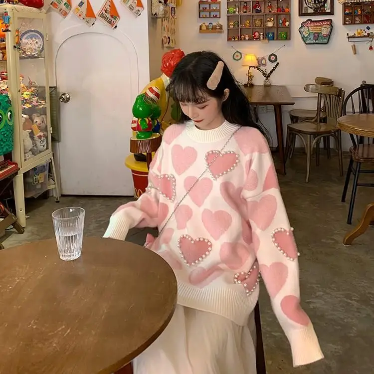 Casual Faux Mink Cashmere Sweater Autumn Heart Print Jumpers Women Beaded Love Heart Jacquard Knitted Sweater