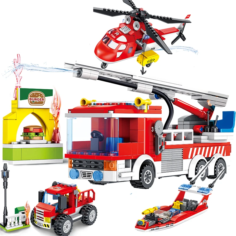 

Fire Fighting Trucks Helicopter Boat Building Blocks City Car Architecture Firemen Figures Constructor Bricks Toys for Children