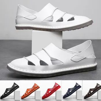 

White Sandals for Men Leather 2020 Mens Sandal Outdoor Summer Flip Flop Casual Shoes Beach Sandalias Slip On Shoe Big Size 38-48