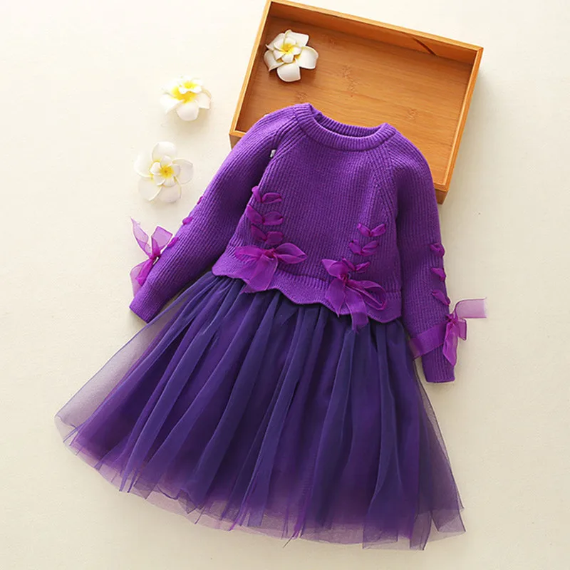 

Spring long sleeve sweaters for girls 2020 warm christmas sweater dress ball gown with Ribbons 2 Color red purple