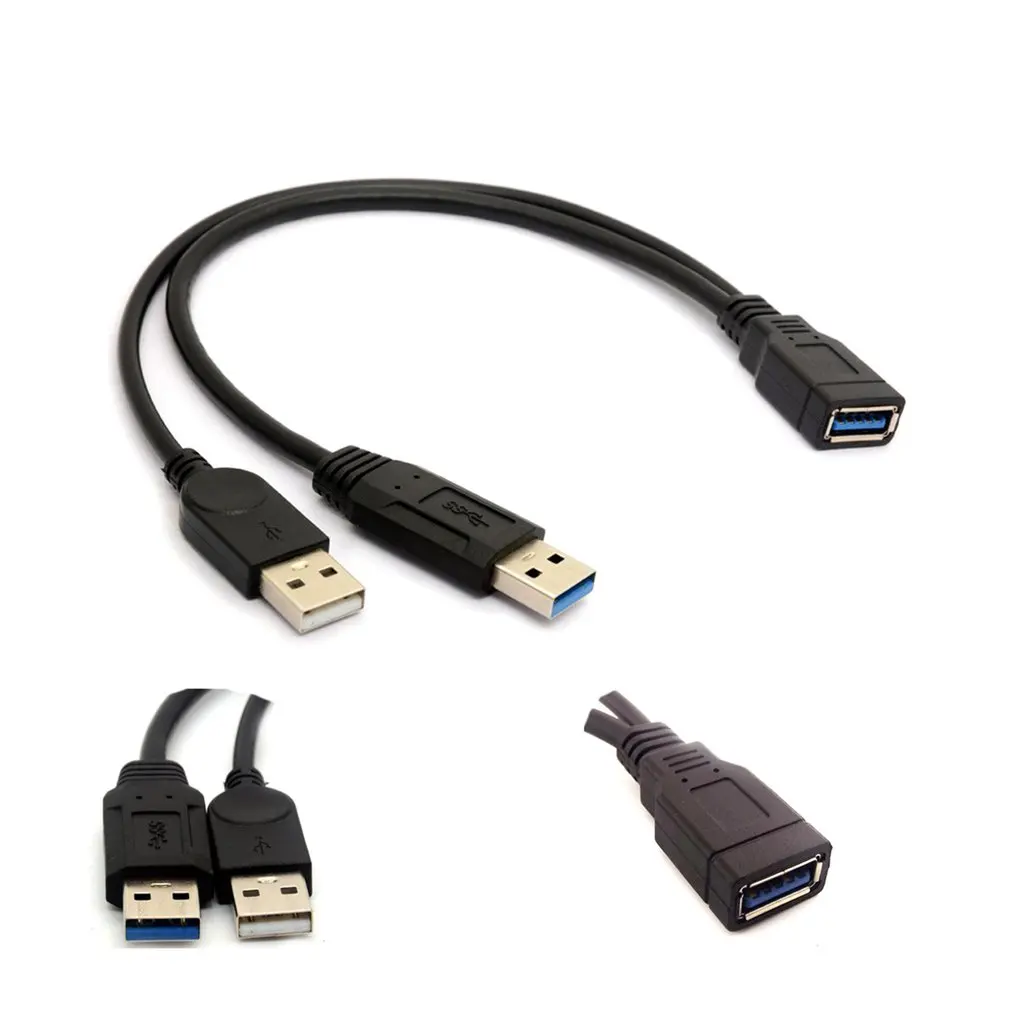 HW24USB 3,0 Женский к двойному USB Мужской Дополнительный Мощность данных Y удлинитель Кабель 20 см