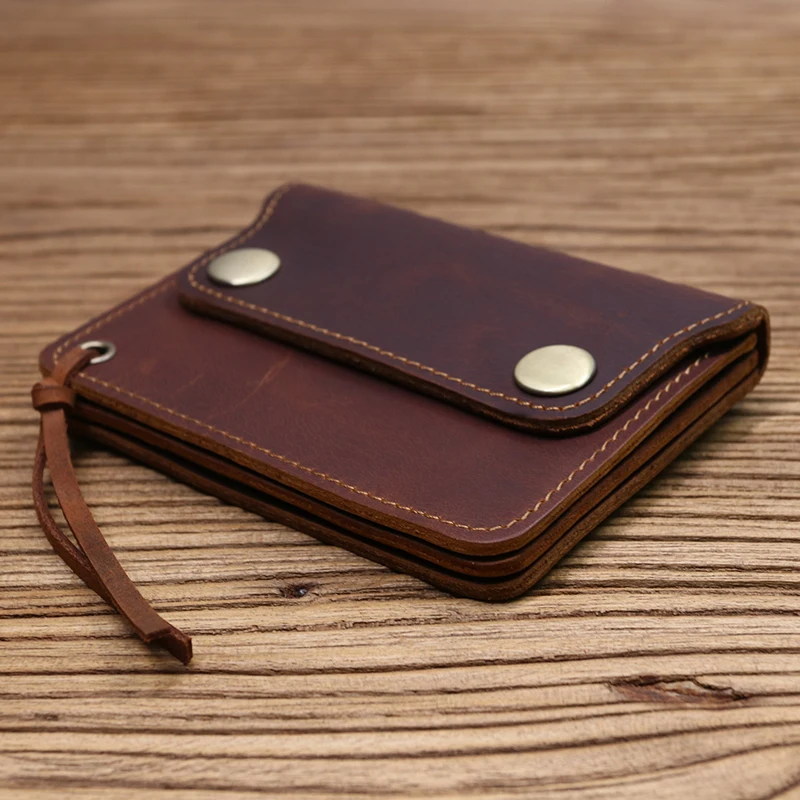Genuine Leather Short Wallet For Men Vintage Handmade Card Holder With Zipper Coin Pocket Bag
