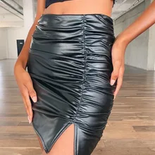Ahagaga PU кожаные пуговицы Женская юбка высокая Талия Bodycon Мини плиссированные женские юбки осенние вечерние сексуальные сплит женские черные юбки