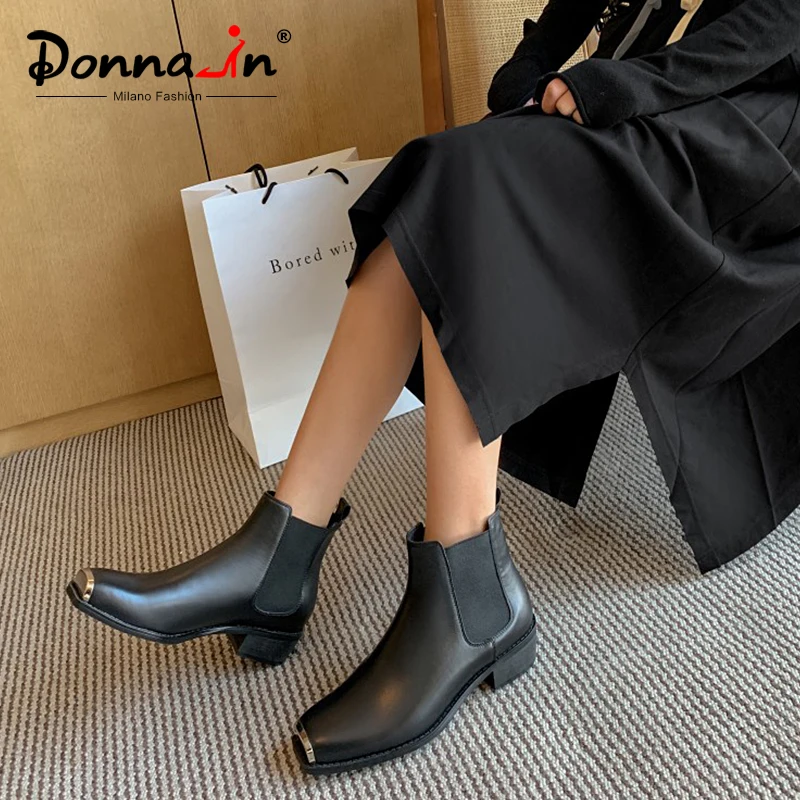 

Donna-in Square Toe Women Chelsea Boots Winter Genuine Leather Med Heels Ankle Boots Femme Elegant Shoes Woman 2019 White Black