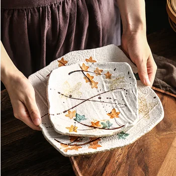 

9 Inch Japanese Ceramic Maple Leaf Western Food Steak Salad Plate Home Square Main Course Sushi Dessert Plate Kitchen Tableware