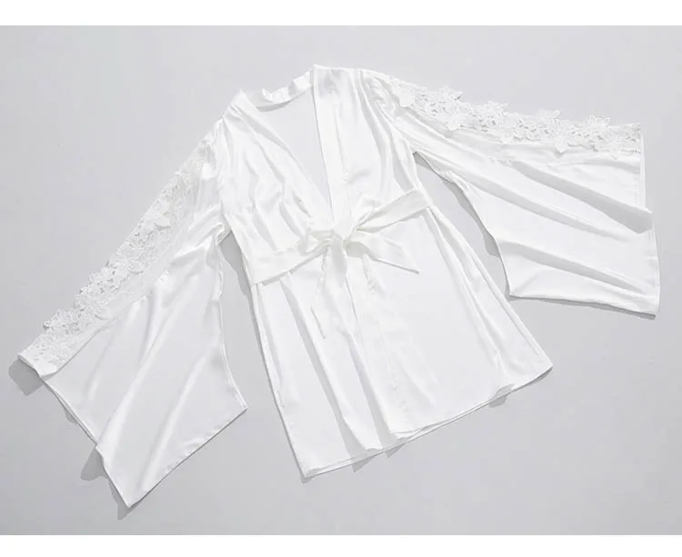 CINOON 3Pcs Women Sexy Silk Nightgown Embroidery Lace Bath Gown Nightdress Summer Sleepwear Wedding Night Dress Robe With Belt (51)