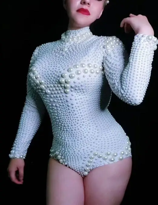 Белый жемчуг облегающий боди с длинным рукавом с эластичными бусинами боди сексуальный певец танцор Купальник Одежда для сцены костюмы для ночного клуба - Цвет: White Bodysuit