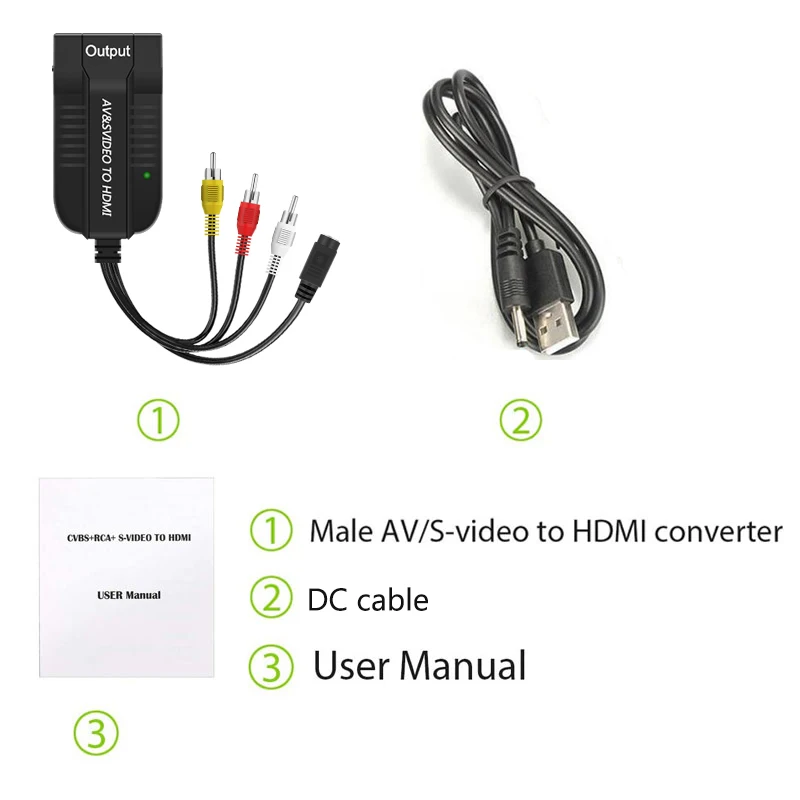 Convertidor RCA Svideo a HDMI con cable HDMI (RCA y Svideo integrado),  convertidor RCA S-Video HDMI, convertidor AV compuesto CVBS a HDMI