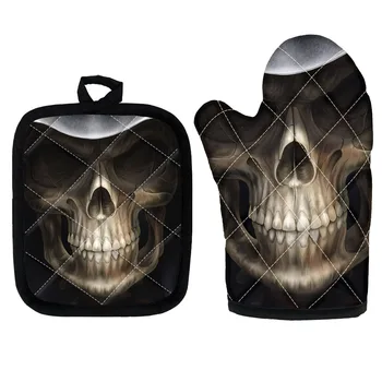 

Cool Punk Skull Prints Oven Gloves 2 Piece Non-Slip Kitchen Oven Mitts and Heat Resistant Pot Handle Pad Oven Gloves for Cooking