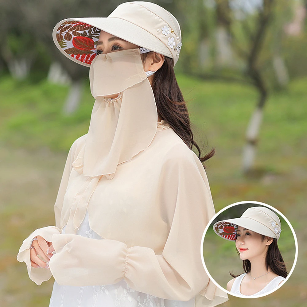 Beige Women Summer Hats Wide Eaves Covered Face Neck Cycling Anti UV Sun Hat - Color: Beige