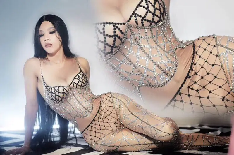 

Комбинезон в сеточку с длинными рукавами для ночного клуба, певицы, DJ, ГОГО