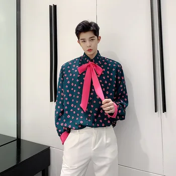 

SHENGYUJIN Spring new pink bow tie design suit shirt tide men's retro contrast color long-sleeved shirt