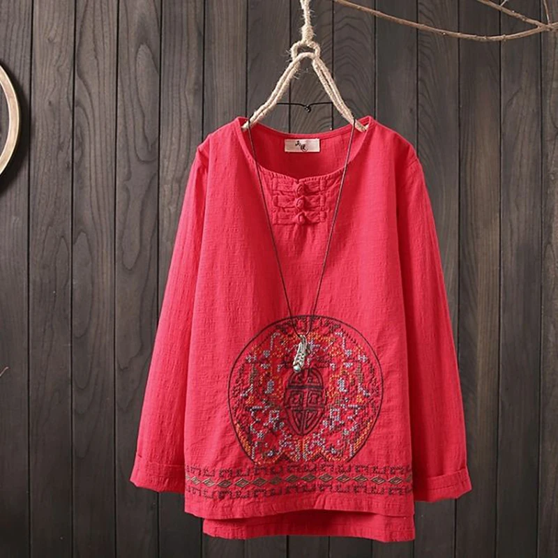 Autumn New Arts Style Women Long Sleeve Button O-neck Tshirt Embroidery Vintage Cotton Linen Tee Shirt Femme Tops Plus Size D433