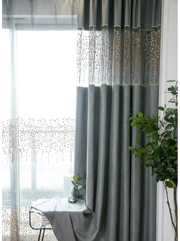 Gray Curtain 1pc Серая Толстая занавеска s для гостиной спальни затемненная Китайская вышивка льняная занавеска кухонное окно Тюль детская комната - Цвет: Gray Curtain 1pc
