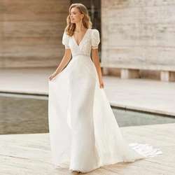 Classic Deep V Neck Short Sleeve with Sashes Sweep Train Wedding Dresses with Chiffon 2022 Spring/Summer Dress Lace vestidos