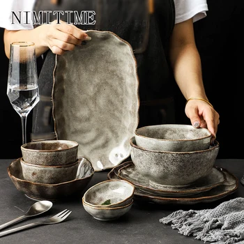

Japanese Style Stoneware Tableware Retro Plate Personality Creative Pasta Plate Salad Bowl Old-fashioned Stoneware Sauce Dish