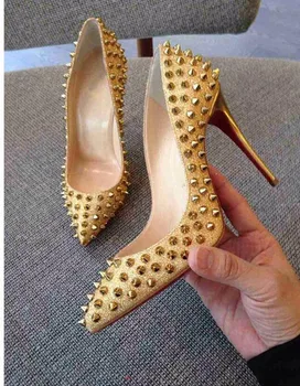 

New Luxury Women Shoes High Heel Rivets Pumps Red Bottom Pointed Toe Studded Full Spikes Ladies Sexy Wedding Shoes