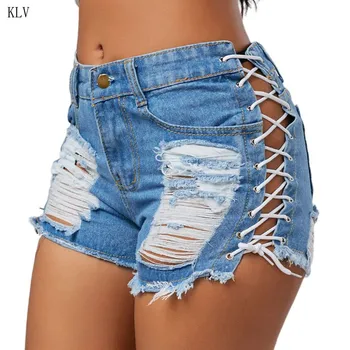

Summer Women's Ripped Denim Shorts Side Bandage Sexy Natural Waist Short Jeans Side Straps Mini Hot