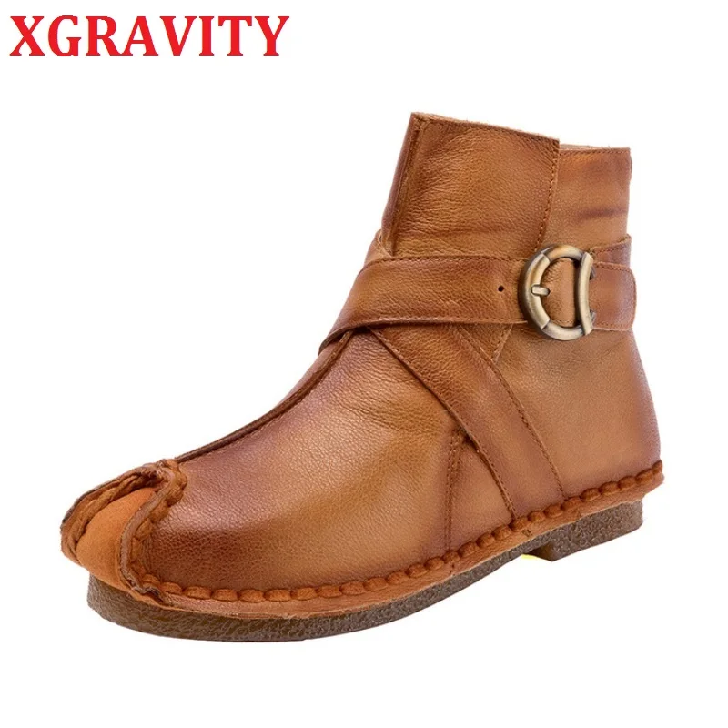 XGRAVITY S170 2020 New Original Hand-made Women Flat Boots Cow Leather Shoes Women's Casual Boots Vintage Ladies Ankle Boots
