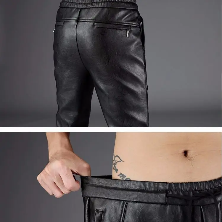 Idopy мужские зимние теплые штаны-шаровары из искусственной кожи, мотоциклетные водонепроницаемые штаны с эластичной резинкой на талии и шнуровкой из искусственной кожи для мужчин