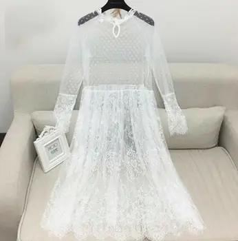 

Women Mesh Sheer Transparent Polka Dot Lace Cover up O-Neck Maxi Dress See-through Party Clubwear Beach Dress