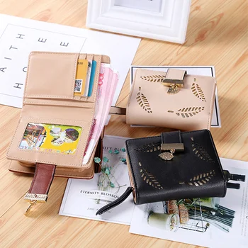 

women's purse zipper Leather ladies wallet women luxury brand Small female wallet Hollow Leaves for credit cards