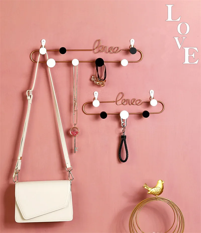 Nordic LOVE Iron Hooks Handmade Wall Hanging Practical Coats Key Receiving Decorative Hook Multifunction Home Golden Metal Racks