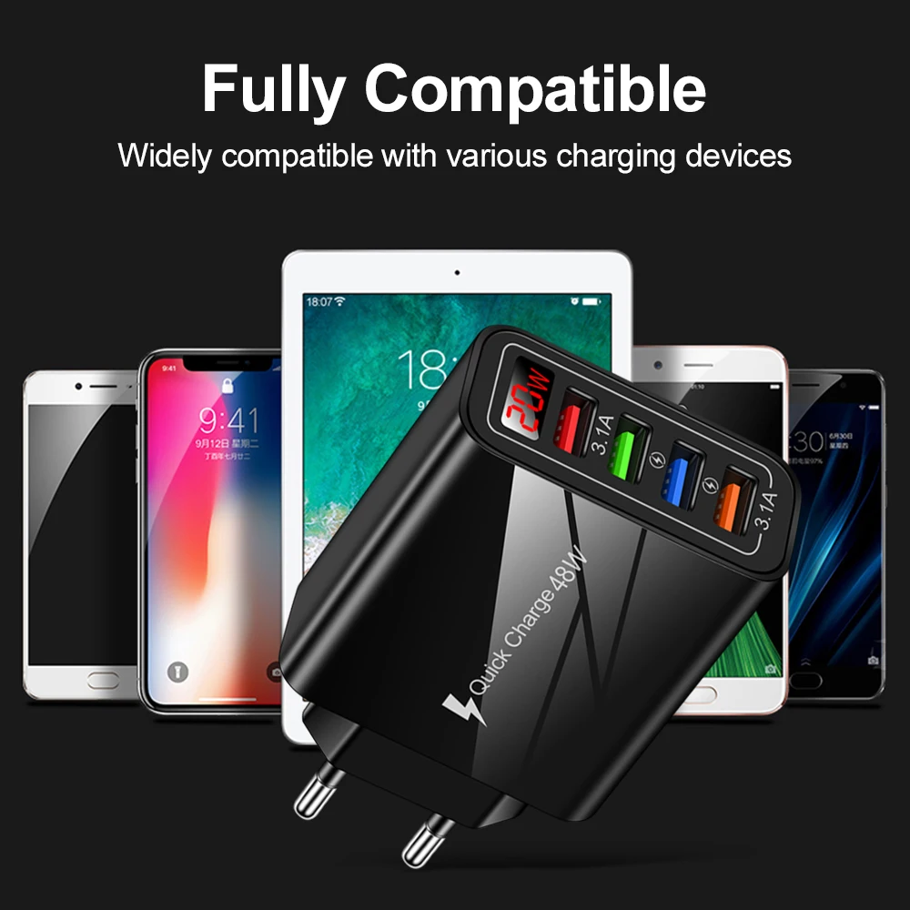 20W usb fast charger 4 Ports For iphone 11 Xiaomi Huawei Portable with LED Display Wall Mobile Phones Quick Charge 3.0 Chargers charger 100w