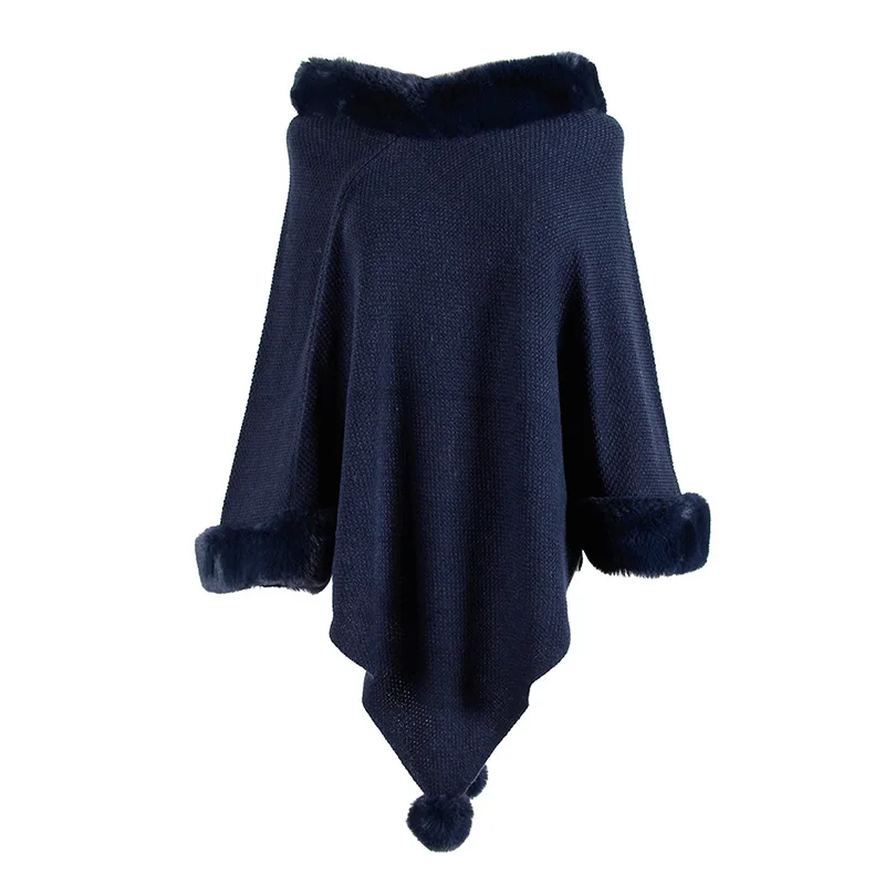navy blue ALLNeon, модное дамское пончо, воротник из искусственного меха, женская накидка, Длинные вязаные Джемперы, осень, мохнатый свитер Kawaii, уличная одежда - Цвет: navy blue