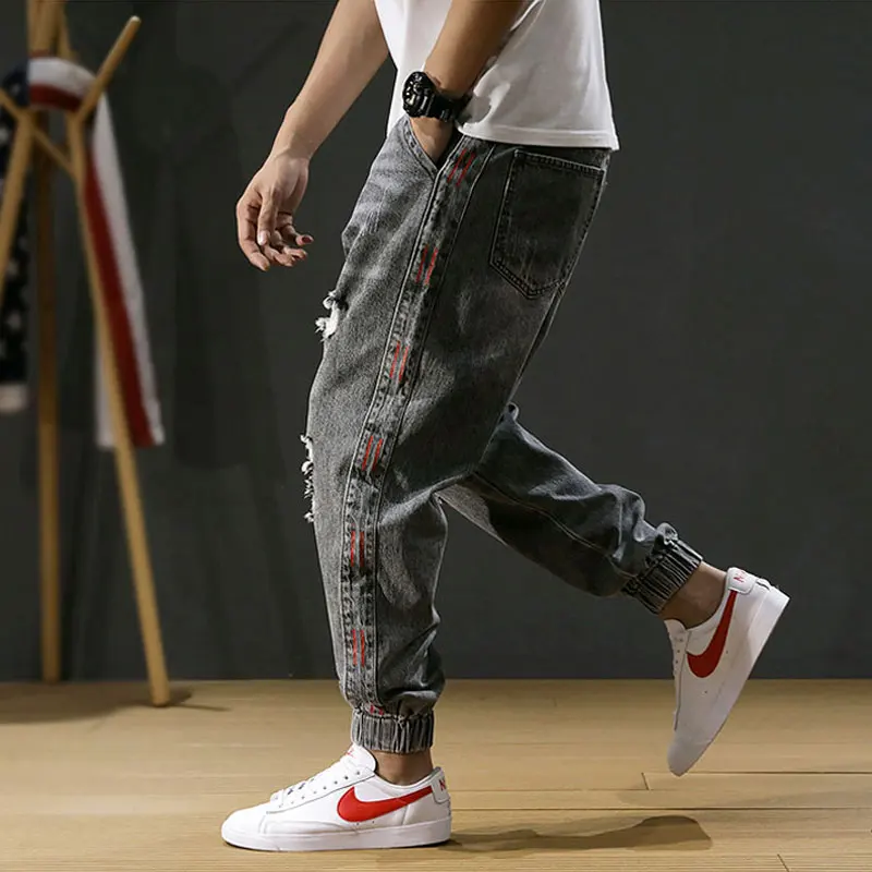 Japanese Style Fashion Men Jeans Stripe Designer Loose Fit Destroyed Ripped Harem Jeans Men Cargo Pants Streetwear Hip Hop Jeans Japanese Style Fashion Men Jeans Stripe Designer Loose Fit Destroyed Ripped Harem Jeans Men Cargo Pants Streetwear Hip Hop Jeans