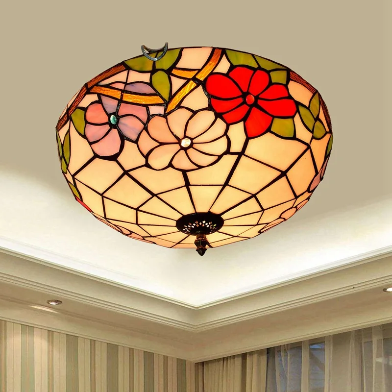 

European-Style Festive Red Vintage Tiffany Multi-Color Glass Corridor Balcony Lobby Bedroom Ceiling Lamp 40cm